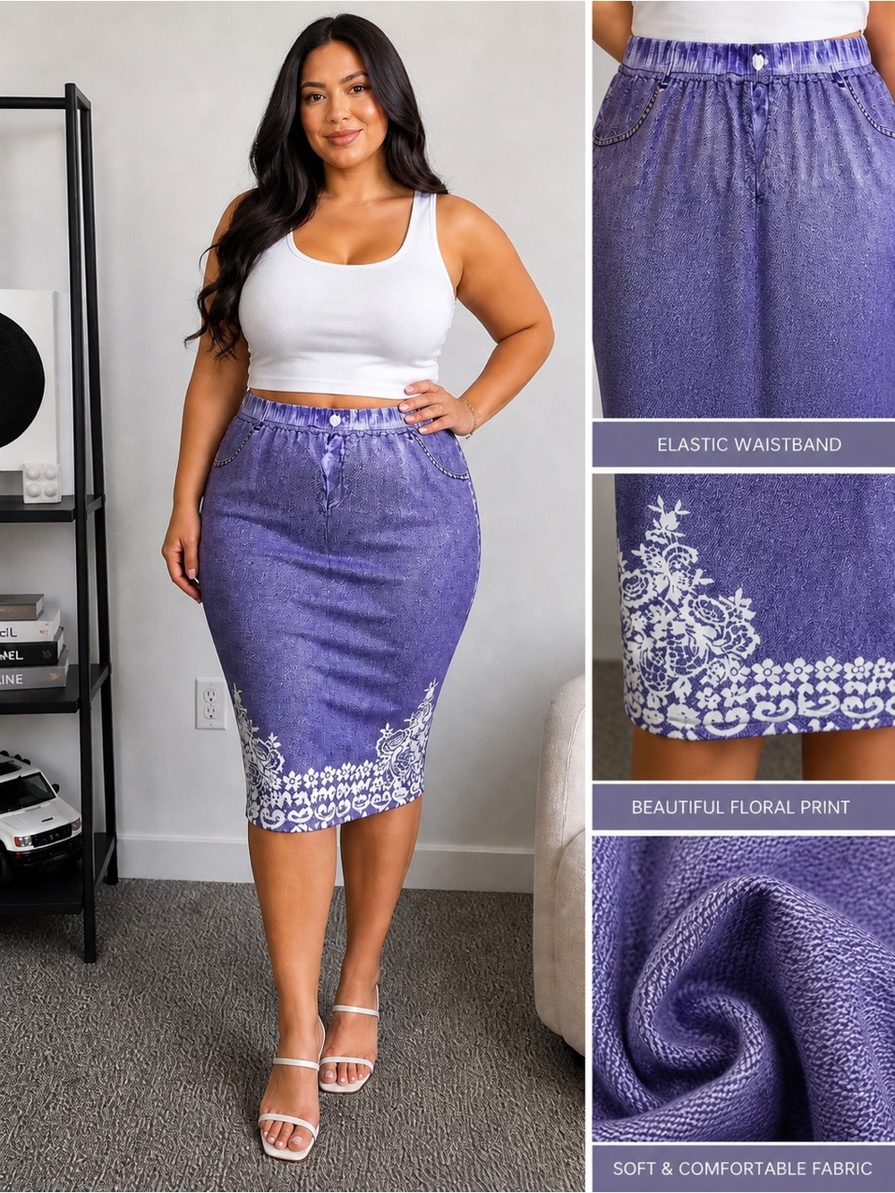 Purple Floral Print Pencil Skirt - Plus Size